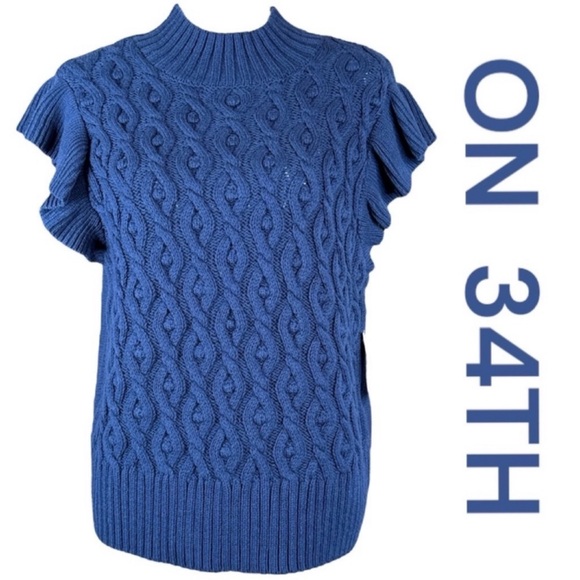 ON 34TH Mock Neck Cable Knit Sweater in Color Entrepid Blue (Navy), Size XXL. - Picture 1 of 11